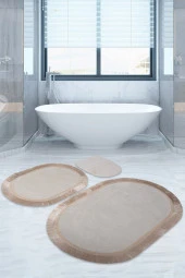 Bonny Home Pera Krem 3'lü Banyo Paspası Seti Kaymaz Tabanlı Saçaklı Püsküllü Klozet Takımı - 1