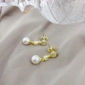 Vaoov 925 Ayar Gümüş Sallantılı Taşlı Gold İnci Küpe thumbnail 6