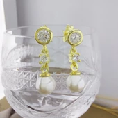 Vaoov 925 Ayar Gümüş Sallantılı Taşlı Gold İnci Küpe thumbnail 2