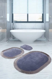 Bonny Home Pera Gri 3'lü Banyo Paspası Seti Kaymaz Tabanlı Saçaklı Püsküllü Klozet Takımı - 1