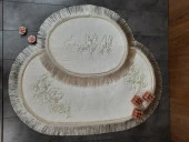 Algeria Saçaklı Krem Fransız Dantelli 2'li Banyo Paspası Püsküllü Çeyizlik Klozet Takımı thumbnail 1