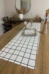 40x150 Siyah Beyaz Kareli İnce Keten Dekoratif Runner - 1