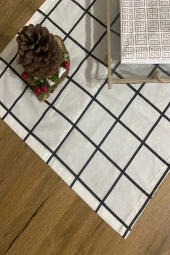 40x150 Siyah Beyaz Kareli İnce Keten Dekoratif Runner - 3