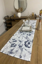 40x150 Lacivert Çiçekli İnce Keten Dekoratif Runner - 2