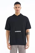 Siyah Kanguru Cepli Yazı Nakışlı Kapüşonlu Erkek T-Shirt - 88195 - 2