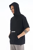 Siyah Kanguru Cepli Yazı Nakışlı Kapüşonlu Erkek T-Shirt - 88195 - 10
