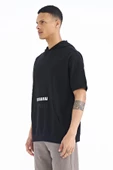 Siyah Kanguru Cepli Yazı Nakışlı Kapüşonlu Erkek T-Shirt - 88195 - 5