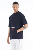 Lacivert Kanguru Cepli Yazı Nakışlı Kapüşonlu Erkek T-Shirt - 88195 - 5