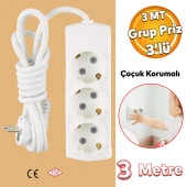 Çoçuk Korumalı Kablolu 3'lü Topraklı Grup Priz Çoğaltıcı 3 Metre Çoklu Uzatma Kablosu Anahtarsız thumbnail 1