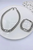 Gümüş Renk Kombin  Cd Harfli Christian Dior Model Kalın Zincir Kolye Bileklik Set  - 3009 - 1