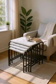 Aslanstore Metal Ayaklı Zigon Sehpa Siyah Metal Şase Beyaz Mermer Tabla - 1