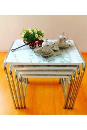 Aslanstore Lüks Beyaz Mermer Desen Zigon Sehpa 1. Kalite Krom Nikelaj Salon - 1