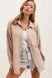 Kadın Tek Cepli Oversize Gömlek Vizon - 1