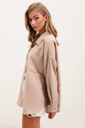 Kadın Tek Cepli Oversize Gömlek Vizon - 2