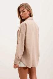 Kadın Tek Cepli Oversize Gömlek Vizon - 6