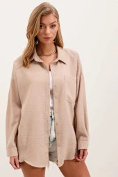 Kadın Tek Cepli Oversize Gömlek Vizon - 5