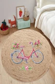 Bisiklet Desenli Çocuk Halısı, Dijital Baskı Jüt Hasır Halı, Yuvarlak Çocuk Halısı, Leke Tutmaz - 1