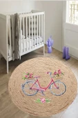 Bisiklet Desenli Çocuk Halısı, Dijital Baskı Jüt Hasır Halı, Yuvarlak Çocuk Halısı, Leke Tutmaz - 2
