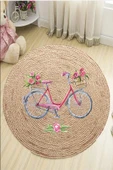 Bisiklet Desenli Çocuk Halısı, Dijital Baskı Jüt Hasır Halı, Yuvarlak Çocuk Halısı, Leke Tutmaz - 5