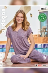 Aydoğan Kadın Mısra Bambu Kısa Kol Pastel Mor Pijama Takım 0131 thumbnail 3