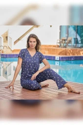 Aydoğan Kadın Mısra Bambu Kısa Kol Çelik Mavi Pijama Takım 0130 - 2