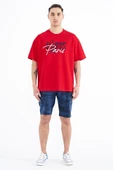 TOMMY LİFE Kırmızı Yazı Nakışlı O Yaka Oversize Erkek T-Shirt - 88223 thumbnail 1