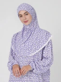 %100 Pamuk Başörtülü Tek Parça Namaz Elbisesi - Mor Çiçekli thumbnail 3