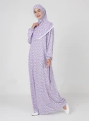 %100 Pamuk Başörtülü Tek Parça Namaz Elbisesi - Mor Çiçekli thumbnail 1
