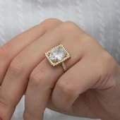 Büyük Zirkon Taşlı Altın Kaplama Gümüş Tektaş Yüzük - 3