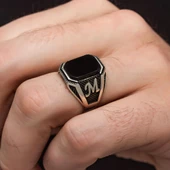 Harfli Oniks Taşlı 925 Gümüş Erkek Yüzük - 9