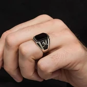 Harfli Oniks Taşlı 925 Gümüş Erkek Yüzük - 6