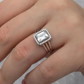 Zirkon Baget Taşlı Gümüş Tektaş Yüzük - 4