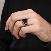 Harfli Oniks Taşlı 925 Gümüş Erkek Yüzük - 8