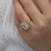 Büyük Zirkon Taşlı Altın Kaplama Gümüş Tektaş Yüzük - 5