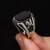 Harfli Oniks Taşlı 925 Gümüş Erkek Yüzük - 3
