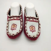 Çift Renk Örme Dikişli Çiçek Desenli Kadın Patik Bordo renk - 4