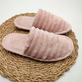 Çizgili Model Pofuduk Kadın Terlik Pudra Renk - 6