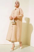 Boydan Tahta Düğmeli Uzun Tunik Bej thumbnail 2