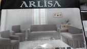 Arlisa jakarlı Kare Cizgili Etekli Maksi Koltuk Örtüsü 3+3+1+1 Kum - 2