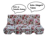 Mandaş Süngerli 3 Kişilik Salıncak Minder Seti (Pamuklu Kumaş)-İngiliz Gülü Pembe thumbnail 2