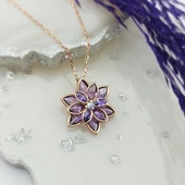 Vaoov 925 Ayar Gümüş Mor Taşlı Lotus Çiçeği Kolye thumbnail 1