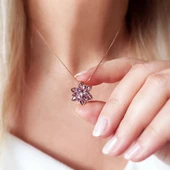 Vaoov 925 Ayar Gümüş Mor Taşlı Lotus Çiçeği Kolye thumbnail 2