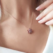 Vaoov 925 Ayar Gümüş Mor Taşlı Lotus Çiçeği Kolye thumbnail 7