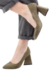 Yeşil Süet Stiletto Üçgen Kalın Topuklu Ayakkabı - İkon - 1