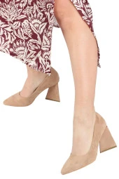 Ten Süet Stiletto Üçgen Kalın Topuklu Ayakkabı - İkon - 1