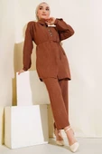 Taş İşlemeli Keten İkili Takım Kahve thumbnail 1