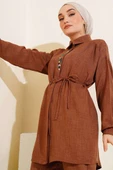 Taş İşlemeli Keten İkili Takım Kahve thumbnail 2