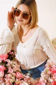 V Yaka Örgü Crop Bej - 1