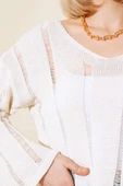 V Yaka Örgü Crop Bej - 4