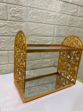 2 Katlı Aynalı Cam Makyaj Organizeri Takı Organizeri Kozmetik Organizer Gold İşlemeli - 2